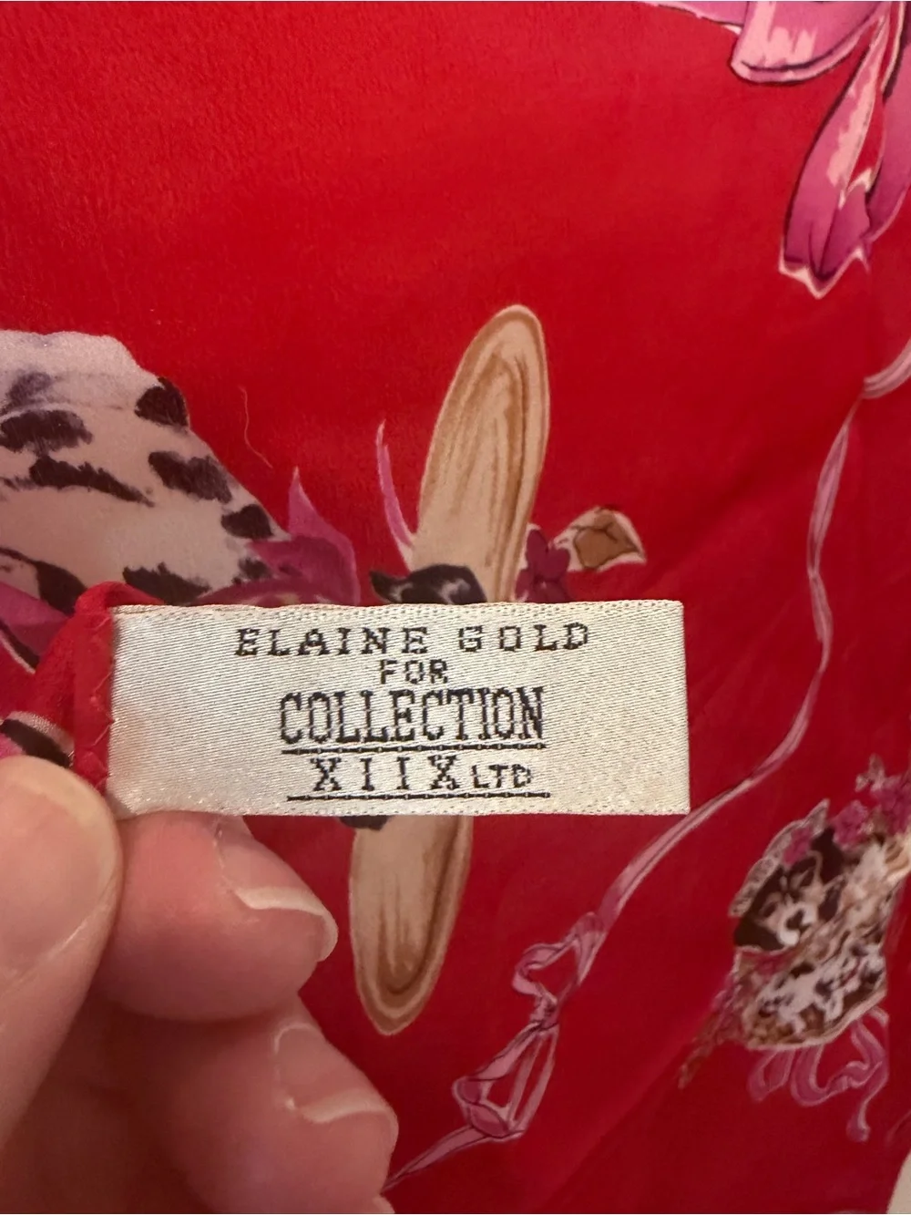 Silk Red Printed Scarf with Ribbon‎ and Floral Motif, Elaine Gold